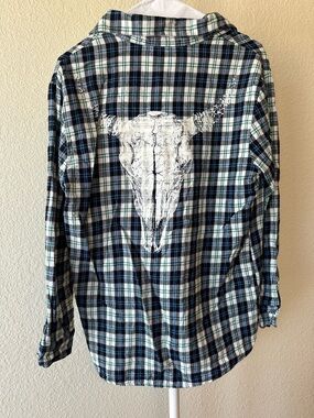 Vintage Havana blue checkered button down flannel with bull skull print small